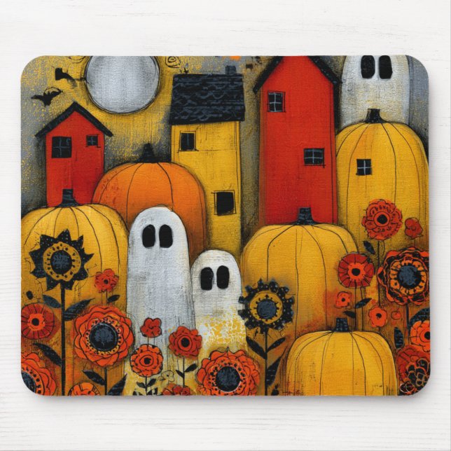 Whimsical Folk Art Halloween Patch Mouse Mat (Front)