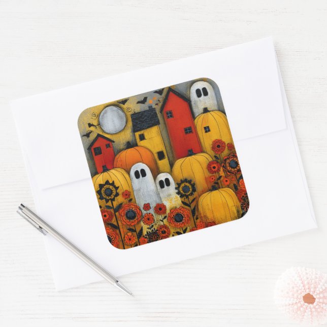 Whimsical Folk Art Halloween Patch Square Sticker (Envelope)