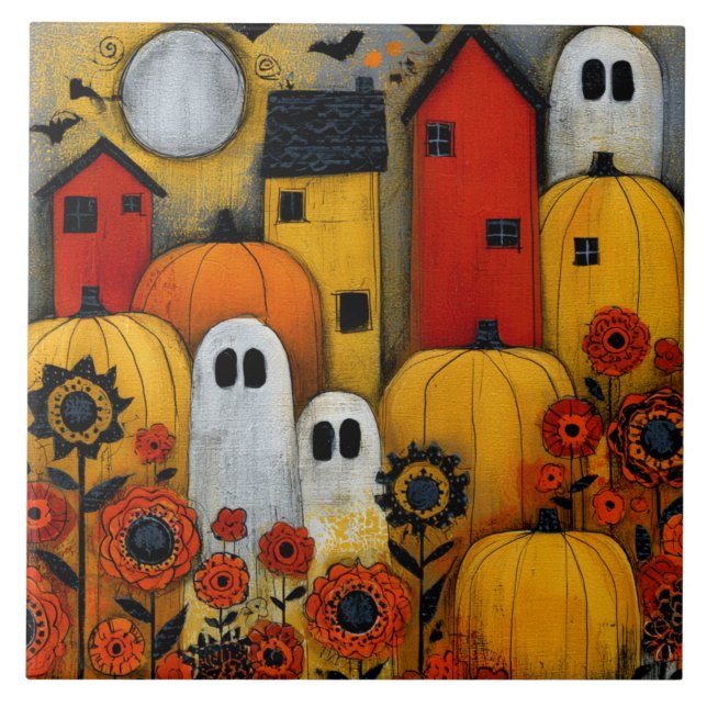 Whimsical Folk Art Halloween Patch Tile (Front)