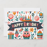 Whimsical Folk Art Happy Birthday Owl Floral