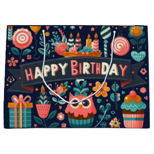 Whimsical Folk Art Happy Birthday Owl Floral Large Gift Bag