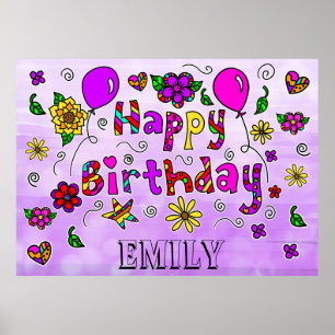 Whimsical Folk Art Happy Birthday  Poster