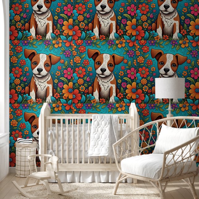 Whimsical Folk Art Puppy Dog and Flowers Wallpaper (Kids)