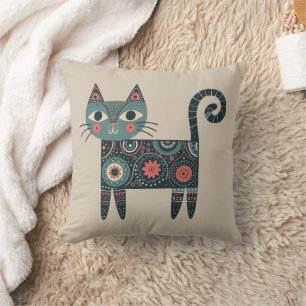 Whimsical Folk Art Retro Boho Cat Beige  Cushion