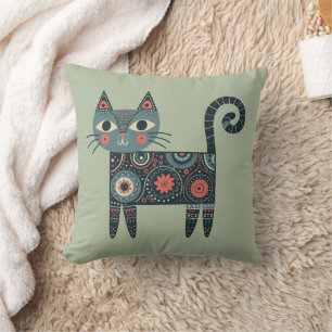 Whimsical Folk Art Retro Boho Cat Sage Cushion