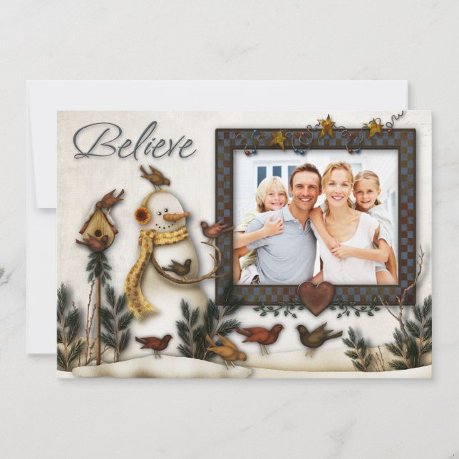 Whimsical Folk Art Snowmen Christmas Photo Card (Front)