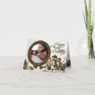 Whimsical Folk Art Snowmen Christmas Photo Card