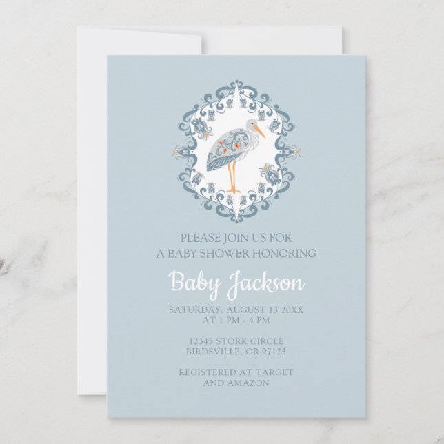 Whimsical Folk Art Stork | Baby Shower Invitation (Front)