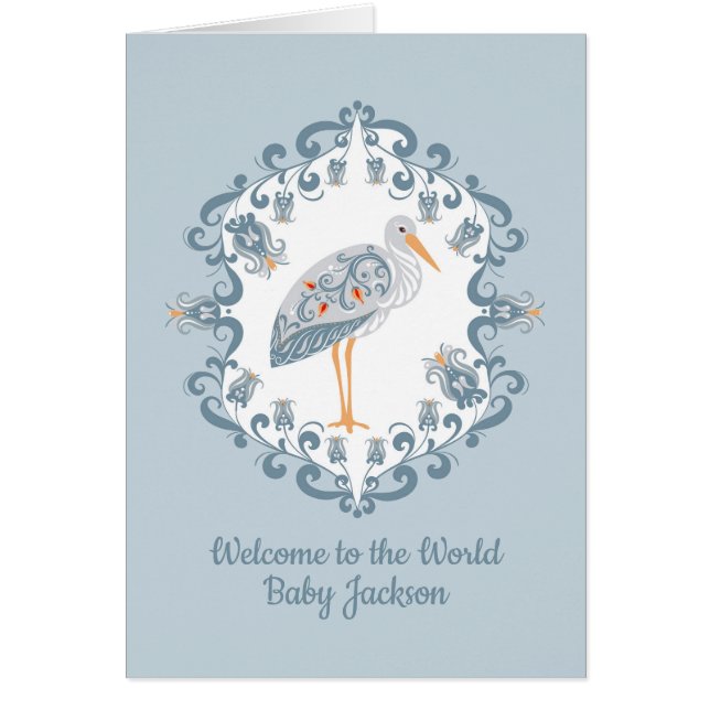 Whimsical Folk Art Stork | Personalised Baby Card (Front)