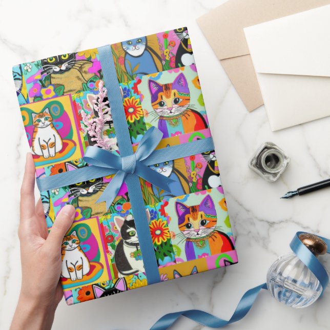 Whimsical Folk Art Style Cartoon Cats Wrapping Paper (Gifting)