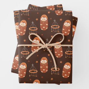 Whimsical Folk Art Swaddled Baby & Mobile Seamless Wrapping Paper Sheet