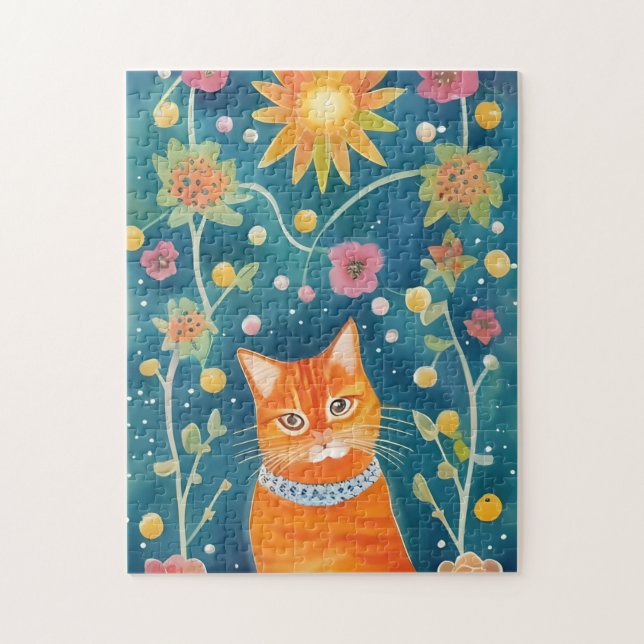 Whimsical Folk Art Tabby Cat Jigsaw Puzzle (Vertical)