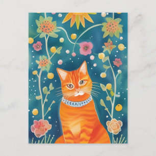 Whimsical Folk Art Tabby Cat Postcard