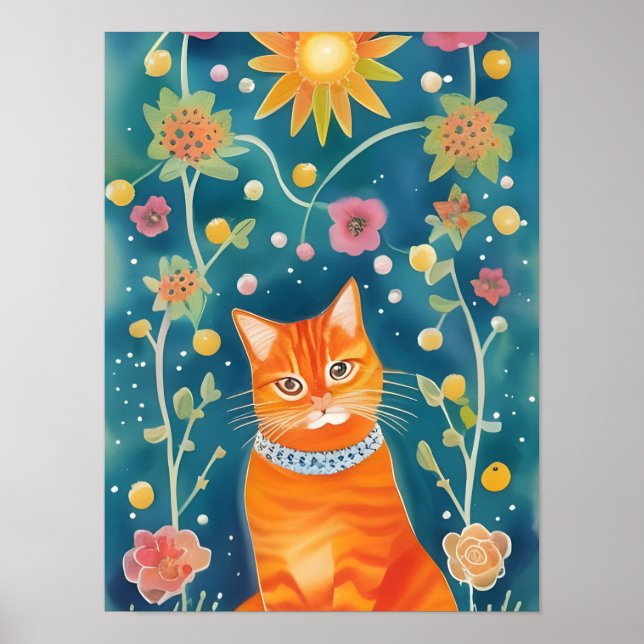 Whimsical Folk Art Tabby Cat Poster (Front)