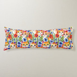 Whimsical Folk Art Watercolor Flowers and Cats Body Cushion