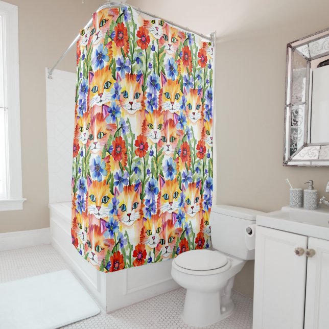 Whimsical Folk Art Watercolor Flowers and Cats Shower Curtain (In Situ)