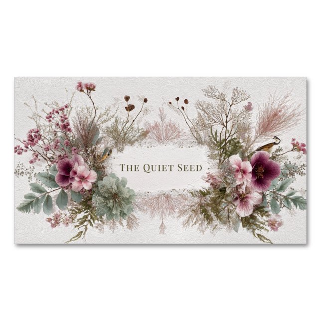 Whimsical Folk Art Wildflower & Birds Magnetic Business Card (Front)