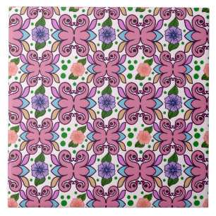 Whimsical Folk Bird Floral Pattern Tile