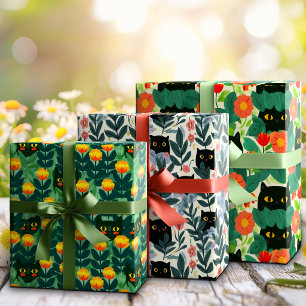 Whimsical Folk Black Cat Hidden In Garden Blooms Wrapping Paper Sheet