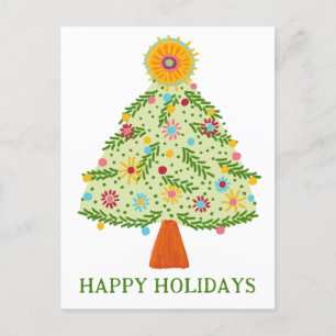 Whimsical Folk Christmas Tree CUSTOM HOLIDAY Postcard