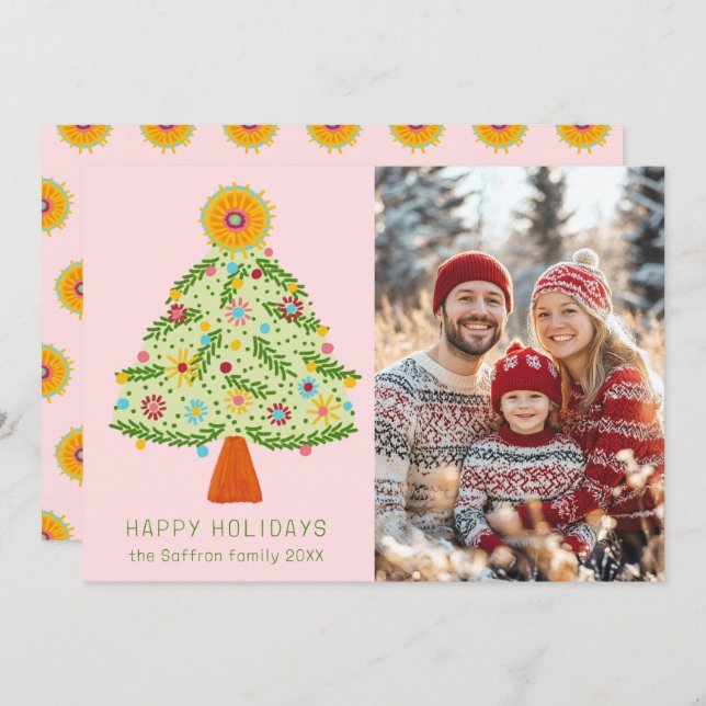 Whimsical Folk Christmas Tree CUSTOM PHOTO Holiday Card (Front/Back)