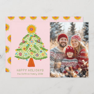 Whimsical Folk Christmas Tree CUSTOM PHOTO Holiday Card