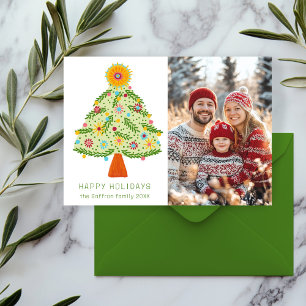 Whimsical Folk Christmas Tree CUSTOM PHOTO Holiday Card
