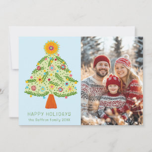 Whimsical Folk Christmas Tree CUSTOM PHOTO Holiday Card