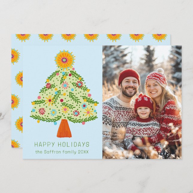 Whimsical Folk Christmas Tree CUSTOM PHOTO Holiday Card (Front/Back)