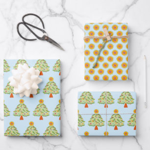 Whimsical Folk Christmas Tree Holiday Wrapping Paper Sheet