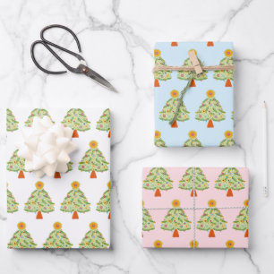 Whimsical Folk Christmas Tree Holiday  Wrapping Paper Sheet