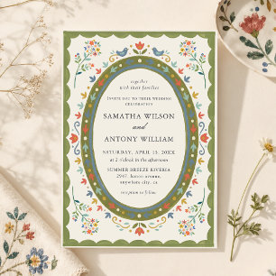 Whimsical Folk Floral Birds Wedding Invitation