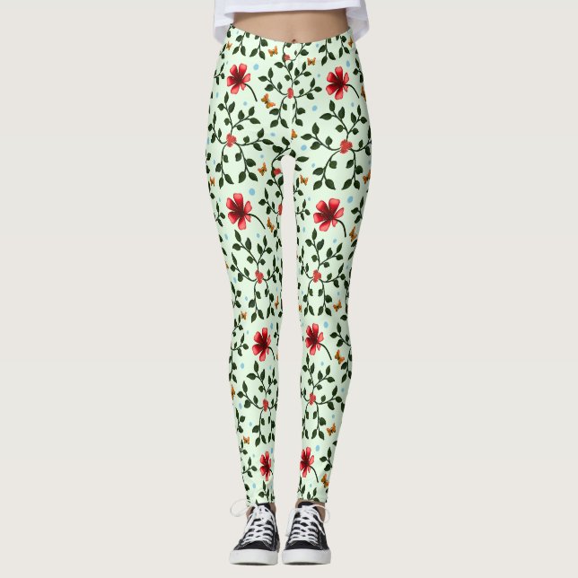 Whimsical Folk Floral Butterfly Pattern  Leggings (Front)