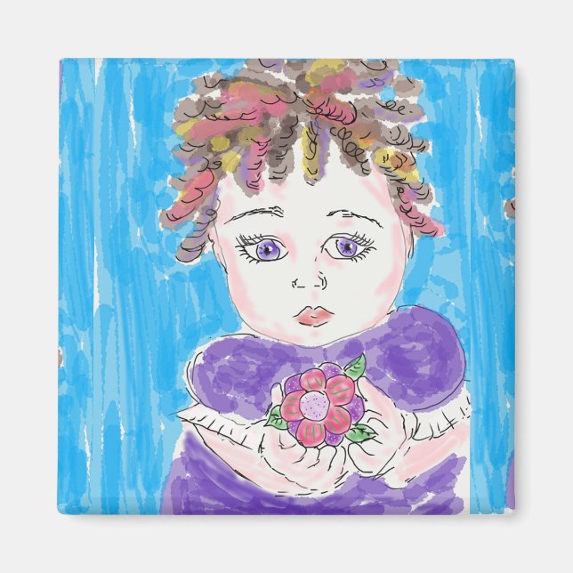 Whimsical Folk Sketched Pretty Little Girl Magnet (Front)