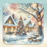 Whimsical Folk Village Christmas Square Sticker<br><div class="desc">Pretty whimsical village all festive with Christmas lights and decorations in pink and blue to give the little town a vintage enchanted cosy vibe.</div>