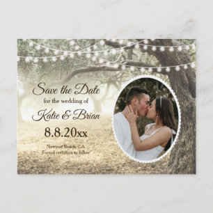 Whimsical forest and string lights Save the Date Announcement Postcard