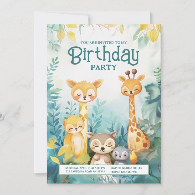 Whimsical Forest Animal Themed Birthday Invite (Front)