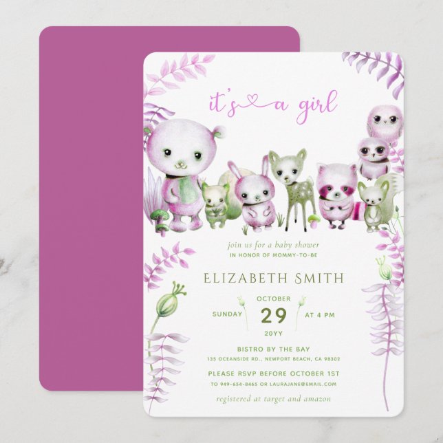 Whimsical Forest Bear Bunny Pink Girl Baby Shower Invitation (Front/Back)