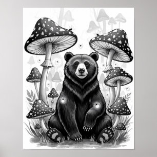 Whimsical Forest Bear & Magical Mushrooms Poster
