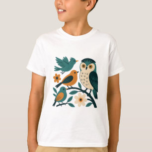 Whimsical Forest Birds - Owl and Songbirds Modern T-Shirt