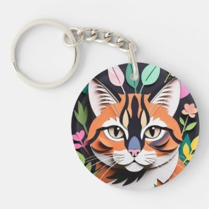 Whimsical Forest cat in Paper-Cut Art Key Ring
