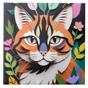 Whimsical Forest cat in Paper-Cut Art Tile