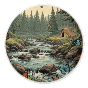 Whimsical Forest Creek with Mushrooms, Butterflies Ceramic Knob