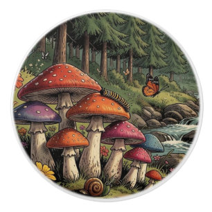 Whimsical Forest Creek with Mushrooms, Butterflies Ceramic Knob