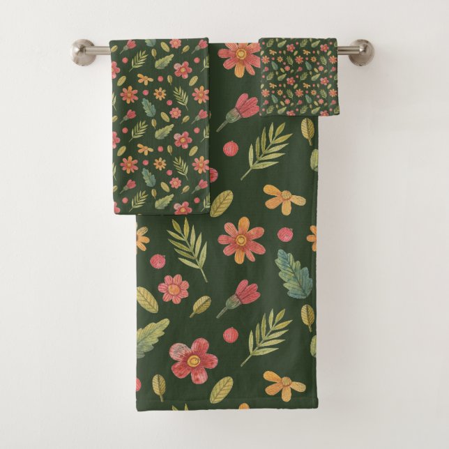 Whimsical Forest Flowers & Leaves Bath Towel Set (Insitu)