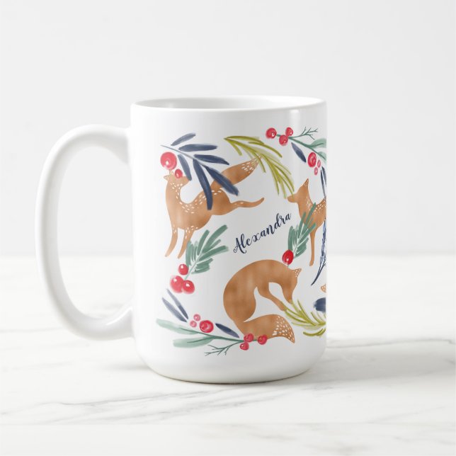 Whimsical Forest Foxes Watercolor Festive foliage Coffee Mug (Left)