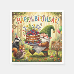 Whimsical Forest Garden Gnome Birthday Design Napkin