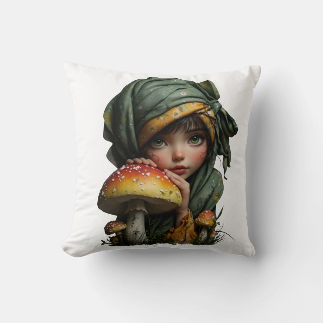 Whimsical Forest Girl with Mushroom Fantasy Art Cushion (Front)