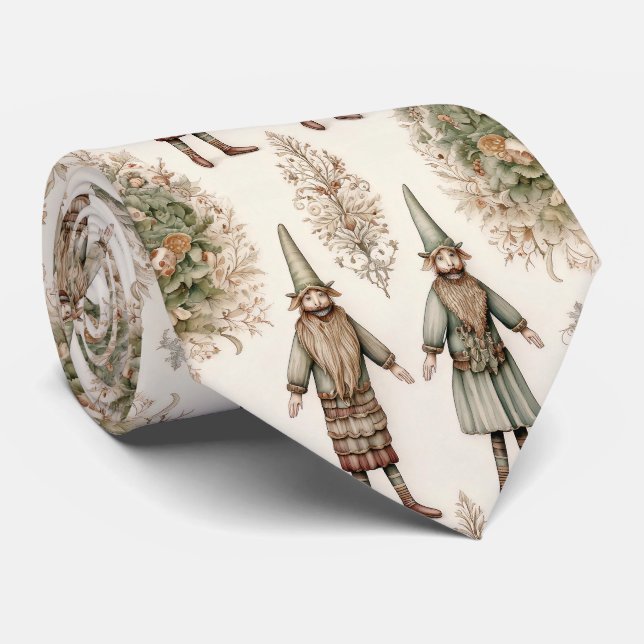 Whimsical Forest Gnomes & Botanical (1) Tie (Rolled)
