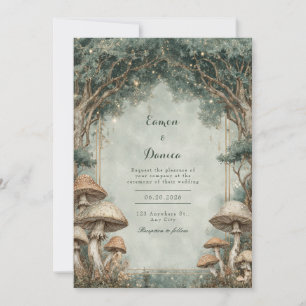 Whimsical Forest Mushroom Gold Arch Wedding Invitation